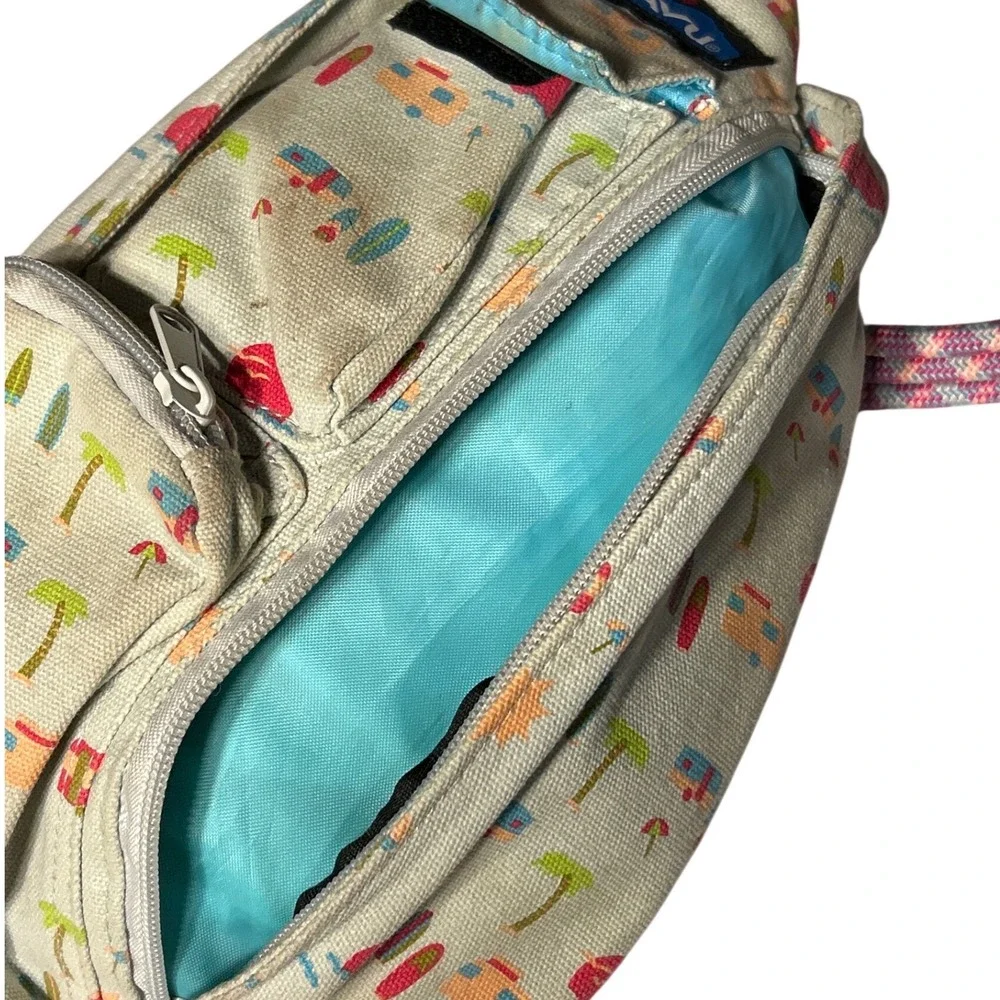 KAVU‎ Rope Bag Sling Backpack Summer Beach Camper Print Canvas Tan Pink Blue